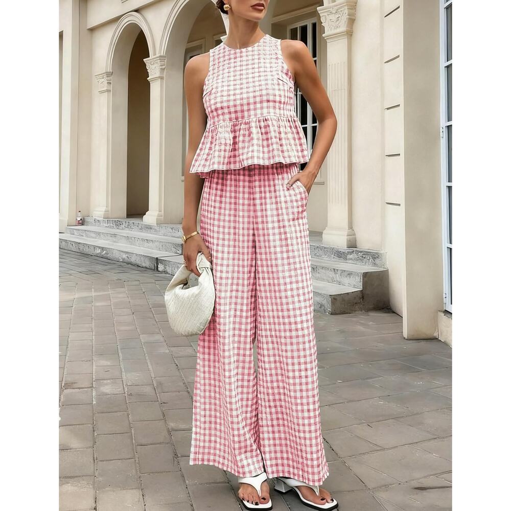 NEW Women's Pink Gingham Plaid Peplum Tank Tops Wide Leg Pants Matching Sets S